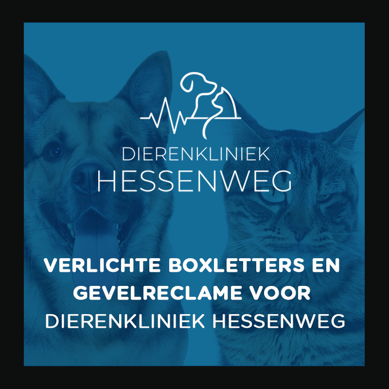 Dierenkliniek Hesenweg De Bilt - gevel reclame bord - gevelreclame - gevel beletteren - bestickeren - gevelreclame letters - gevelreclame lichtbak - led gevelreclame - buitenreclame gevel - verlichte gevelletters - winkel reclame buiten - rvs letters gevel - verlichte gevelreclame - reclame bord winkel - reclame voor winkel - signing reclame - winkel reclame buiten - winkel reclame binnen - pees frame - peesdoek - textieldoek - branding - design - reclame - bouwhekdoek - bannerdoek - bouwhekspandoeken